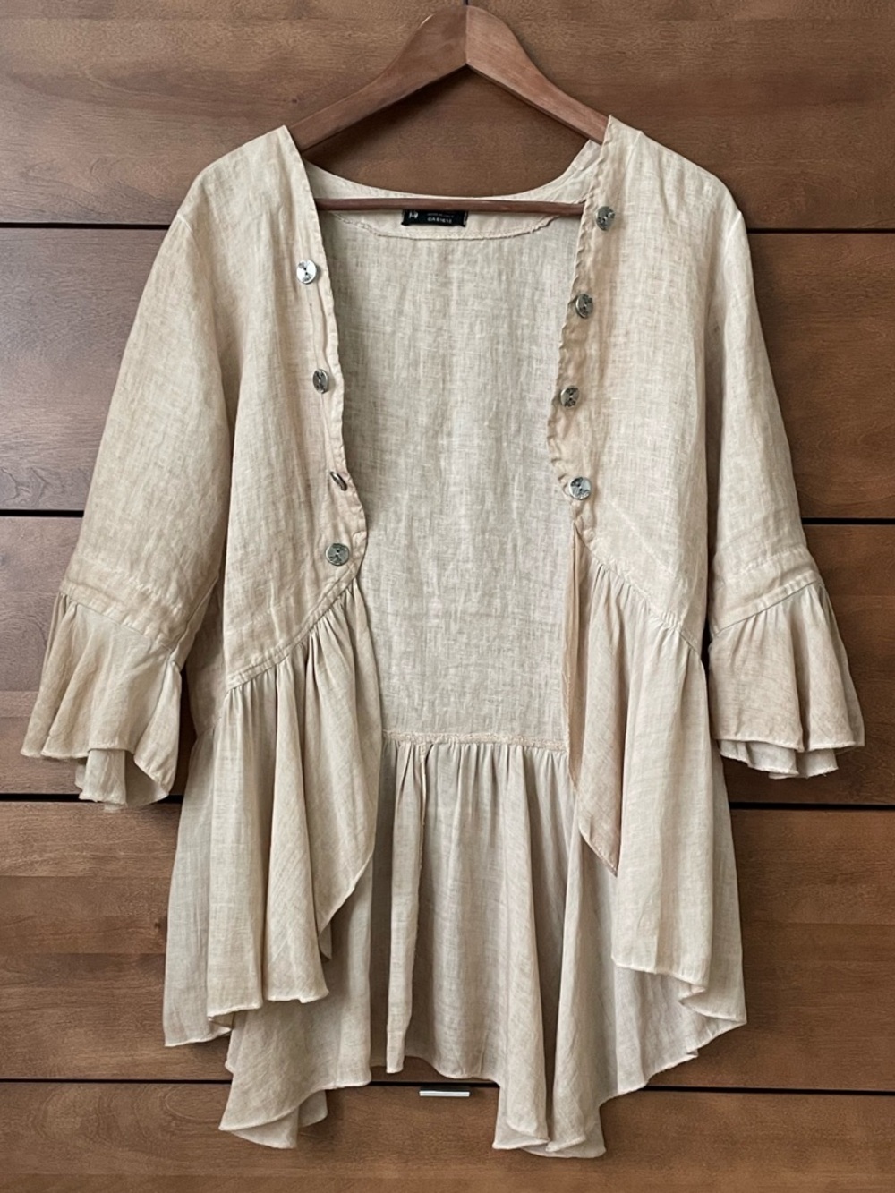 Bella Amore Made in Italy Linen-Look Ruffle Cardigan Boho Peplum Beige - Picture 2 of 15